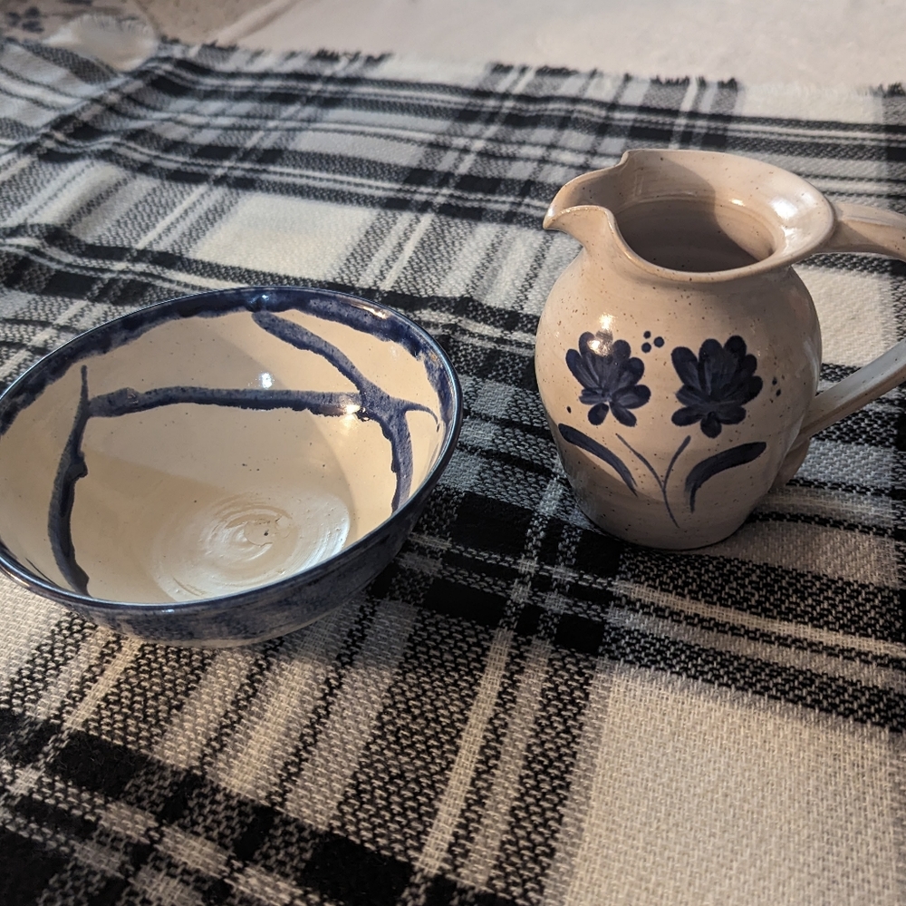 Handmade Pitcher and Bowl Pottery Set, Blue and Cream